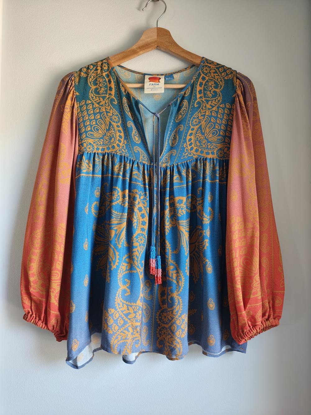 Farm Rio Teal and Coral Paisley Peasant Blouse Size S